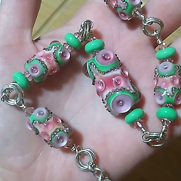 VERY UNIQUE VINTAGE LAMPWORK WEDDING CAKE GLASS BEADED NECKLACE & EARRINGS - Picture 5 of 8